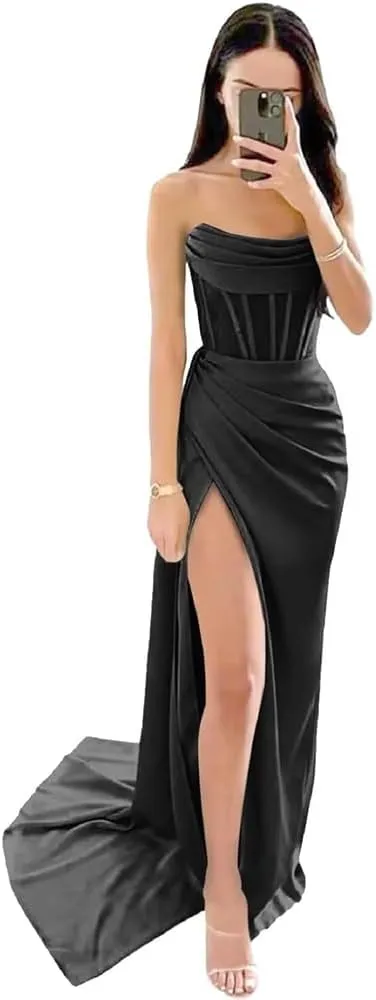 Prom Dresses for Women 2024 Satin Mermaid Ball Gowns for Women Formal with Side Slit
