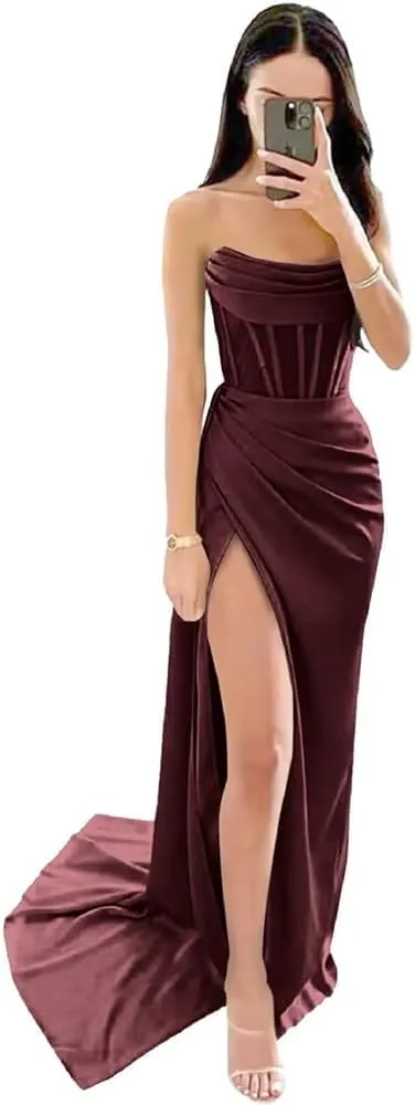 Prom Dresses for Women 2024 Satin Mermaid Ball Gowns for Women Formal with Side Slit