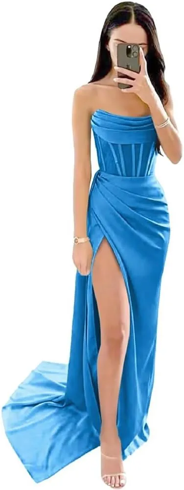 Prom Dresses for Women 2024 Satin Mermaid Ball Gowns for Women Formal with Side Slit