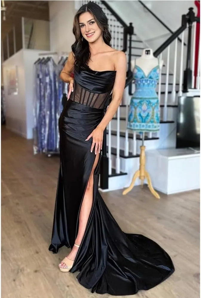 Prom Dresses for Women 2024 Satin Mermaid Ball Gowns for Women Formal with Side Slit