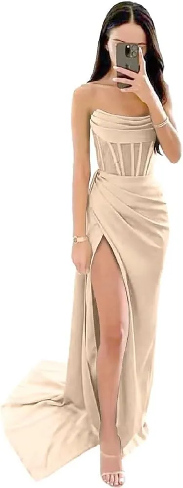 Prom Dresses for Women 2024 Satin Mermaid Ball Gowns for Women Formal with Side Slit