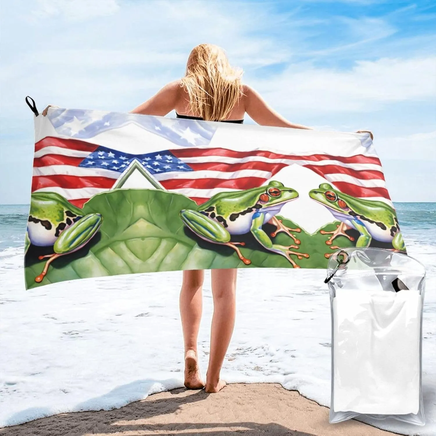 Puerto Rico Flag Frog Palm Trees Premium Compact Microfiber Travel Towel-Featherlight & Quick Dry,Sand-Resistant Beach Towel for Swimming,Camping,Vacation Essentials with Carry Pouch