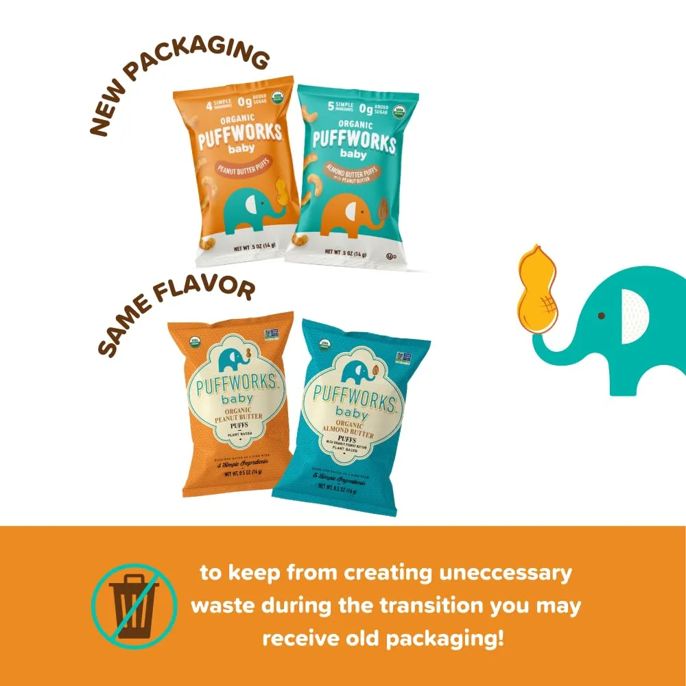 Puffworks Baby Peanut and Almond Variety Pack, Perfect for Early Peanut Introduction, Plant Protein, USDA Organic, Gluten-Free, Vegan, Non-GMO, Kosher, 0.5 Ounce (Pack of 12)