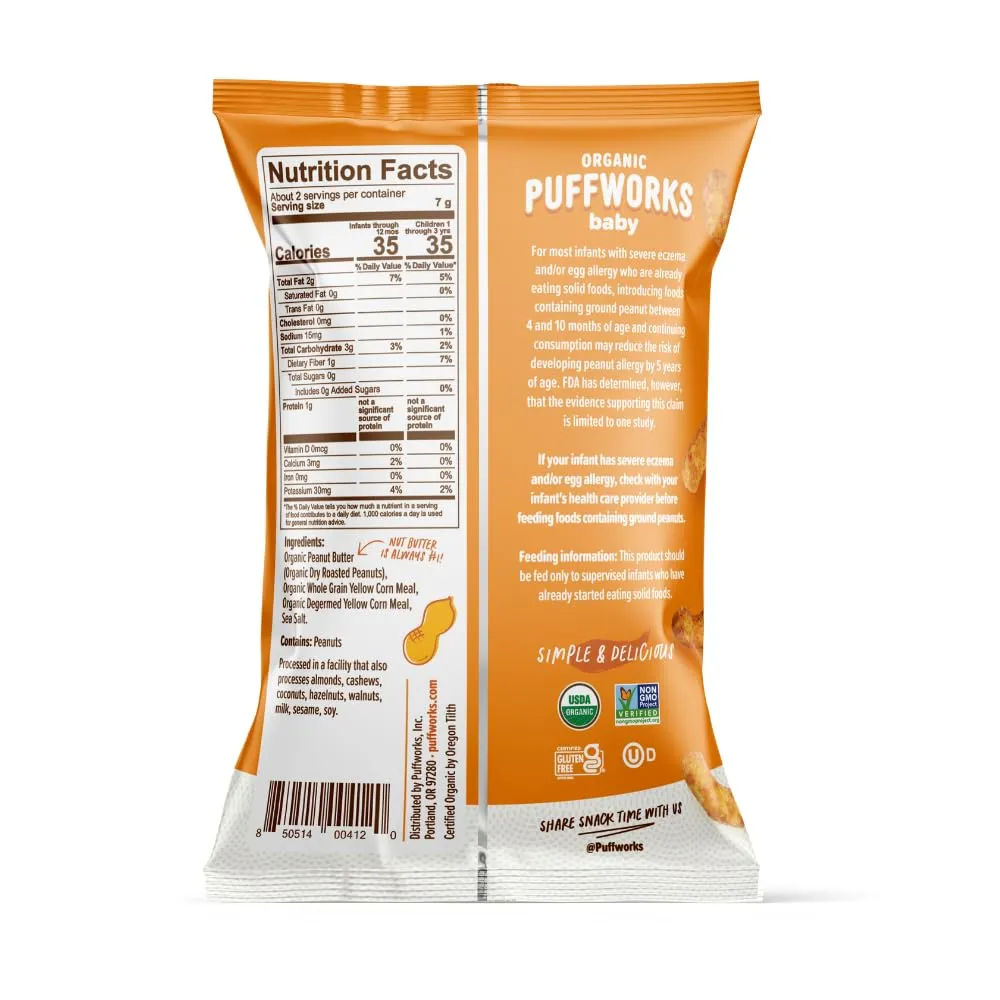 Puffworks Baby Peanut and Almond Variety Pack, Perfect for Early Peanut Introduction, Plant Protein, USDA Organic, Gluten-Free, Vegan, Non-GMO, Kosher, 0.5 Ounce (Pack of 12)