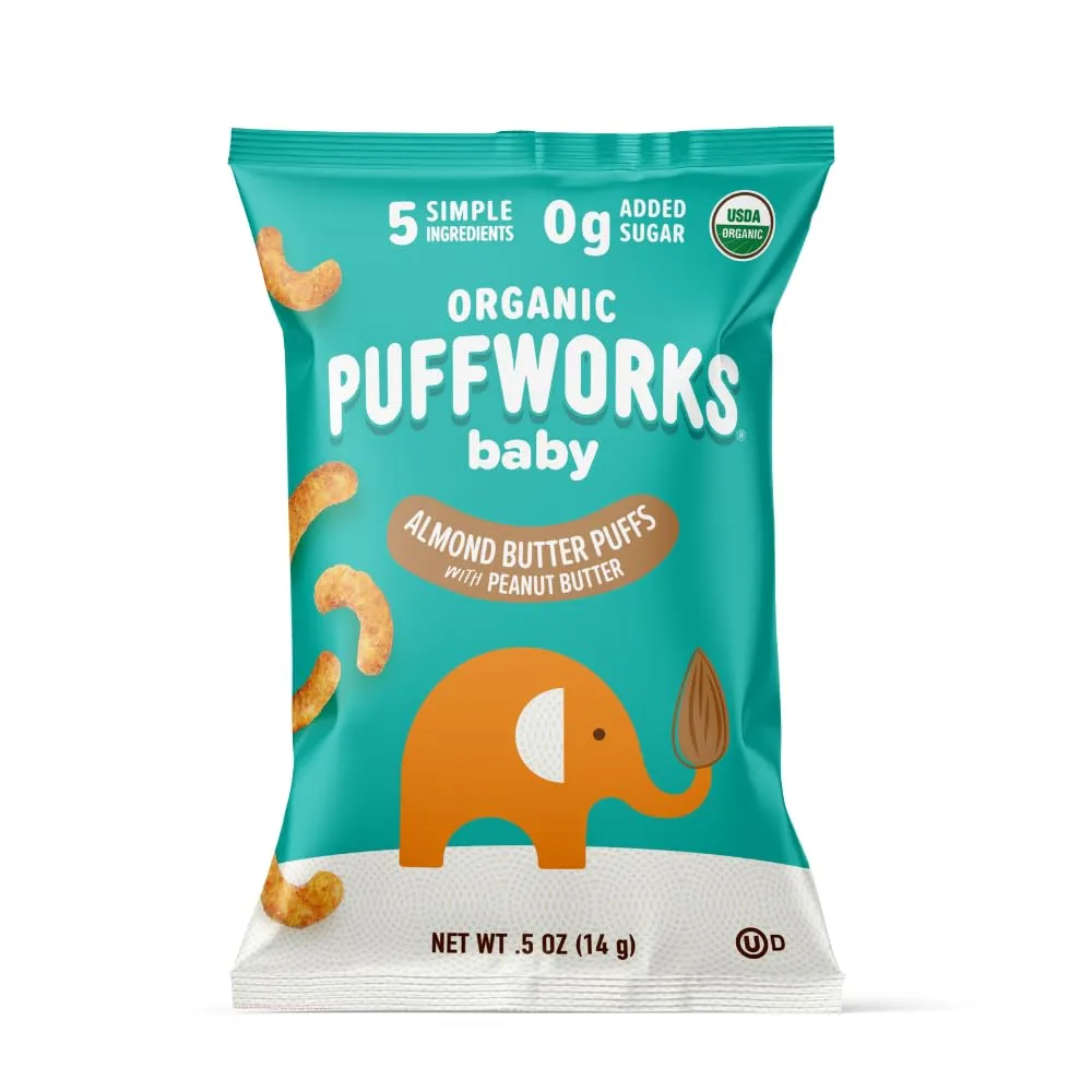 Puffworks Baby Peanut and Almond Variety Pack, Perfect for Early Peanut Introduction, Plant Protein, USDA Organic, Gluten-Free, Vegan, Non-GMO, Kosher, 0.5 Ounce (Pack of 12)