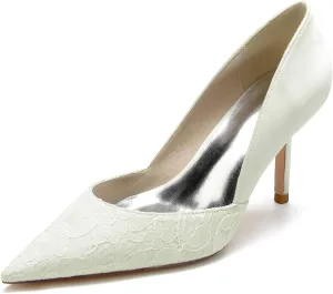 Pumps for Women Pointed Toe Stiletto High Heels Lace Satin Slip-On Wedding Shoes Ideal for Business Office Dress Weddings Fashion Events,Ivory,10