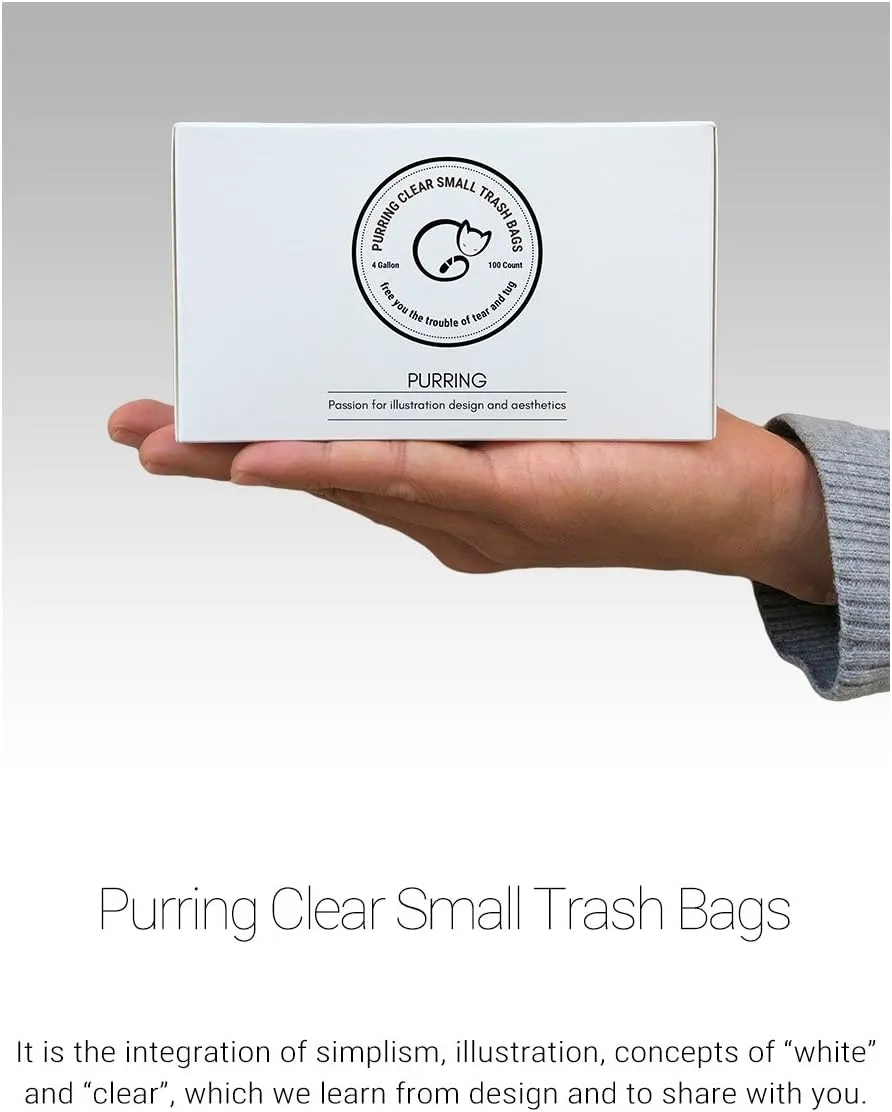Purring Clear Small Trash Bags with Simple-Illustration Aesthetic Drawing, 4 Gallon Garbage Bags with Quick-Dispense, 100 Count