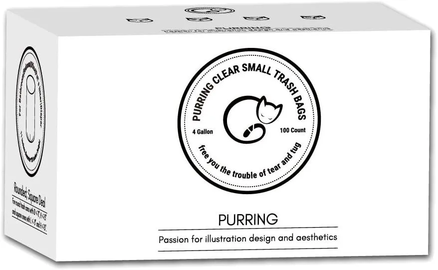 Purring Clear Small Trash Bags with Simple-Illustration Aesthetic Drawing, 4 Gallon Garbage Bags with Quick-Dispense, 100 Count