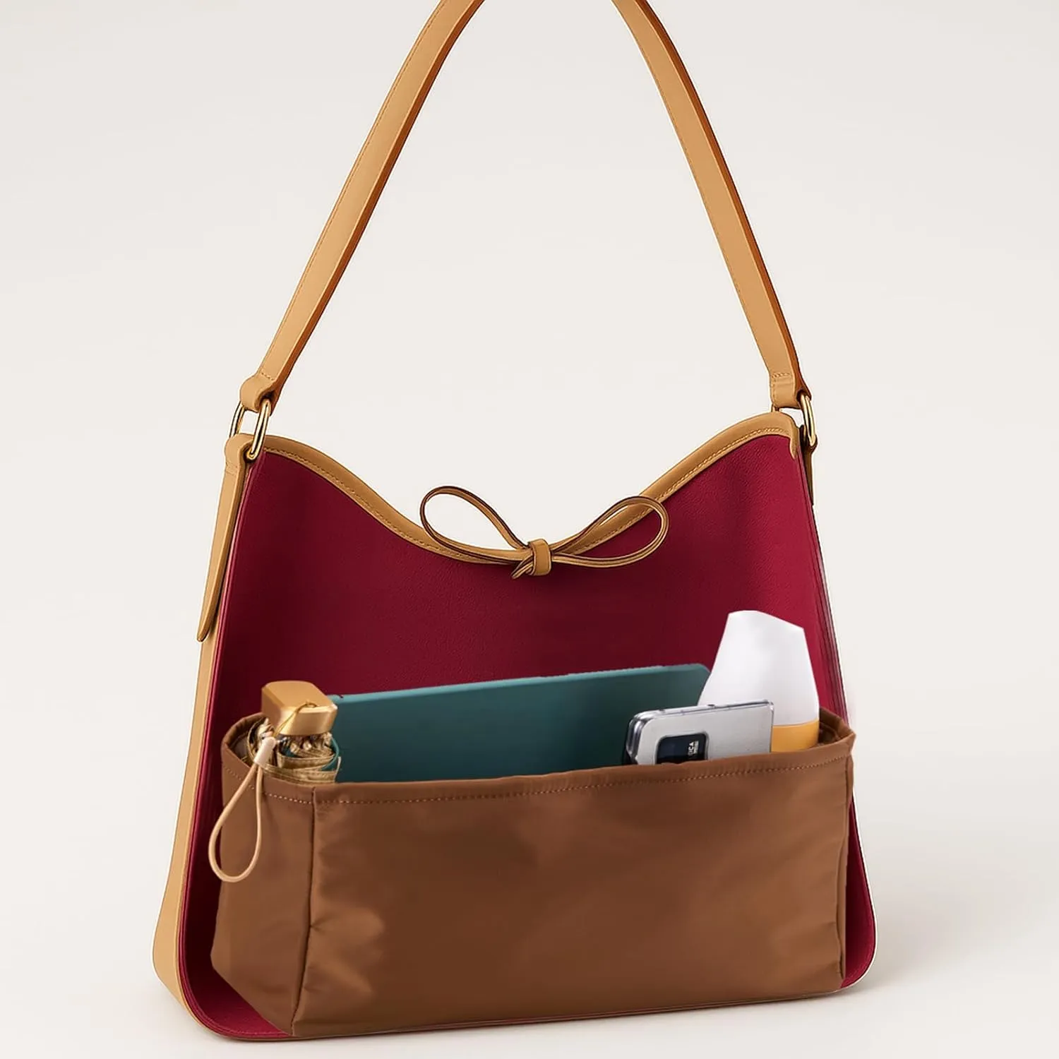 Purse Insert Organizer Water-Repellent Nylon with Zippered Pockets & Base Shaper for Carry-All Tote Bag(Brown, SL)