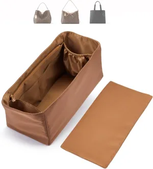 Purse Insert Organizer Water-Repellent Nylon with Zippered Pockets & Base Shaper for Carry-All Tote Bag(Brown, SL)