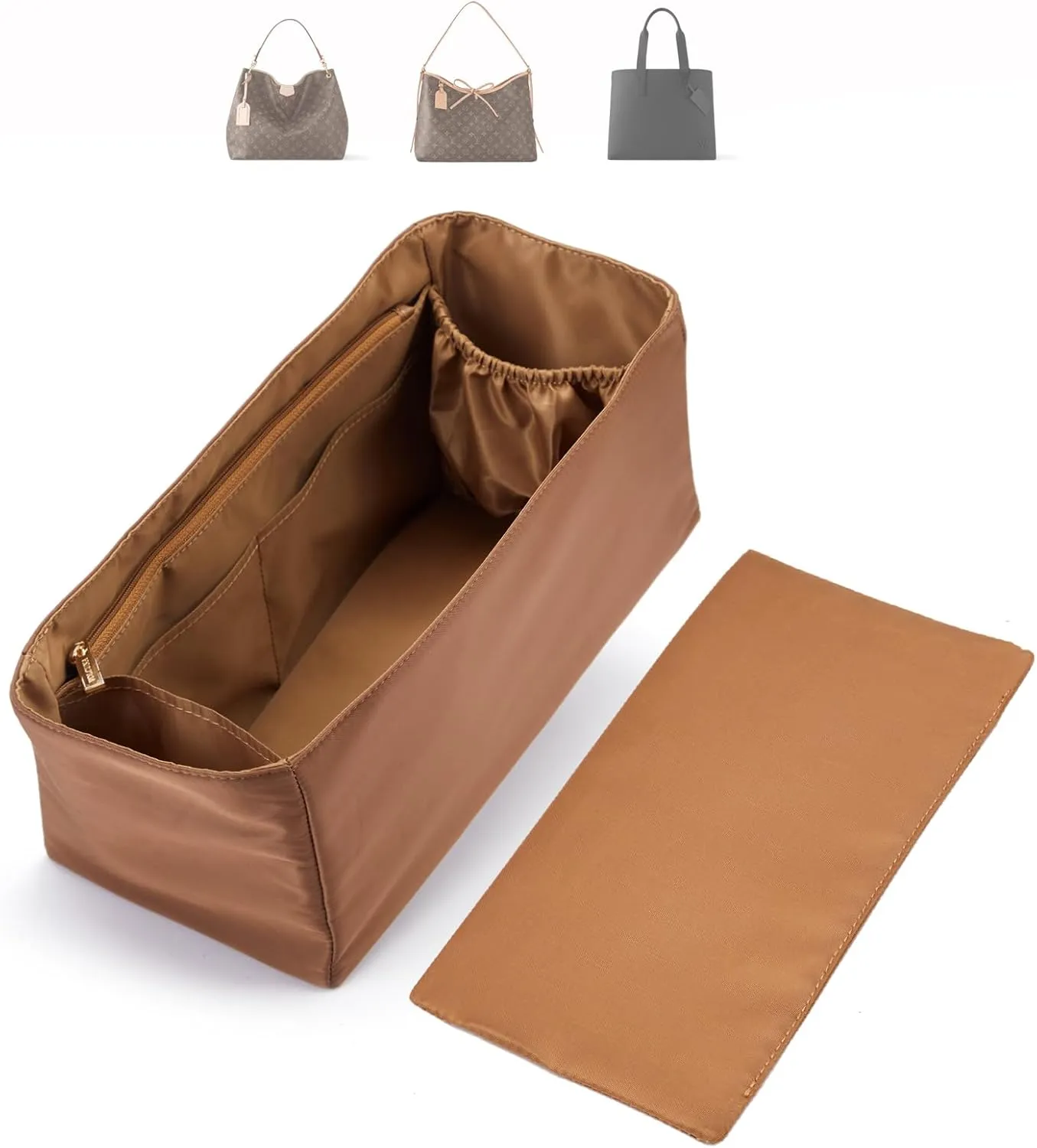 Purse Insert Organizer Water-Repellent Nylon with Zippered Pockets & Base Shaper for Carry-All Tote Bag(Brown, SL)