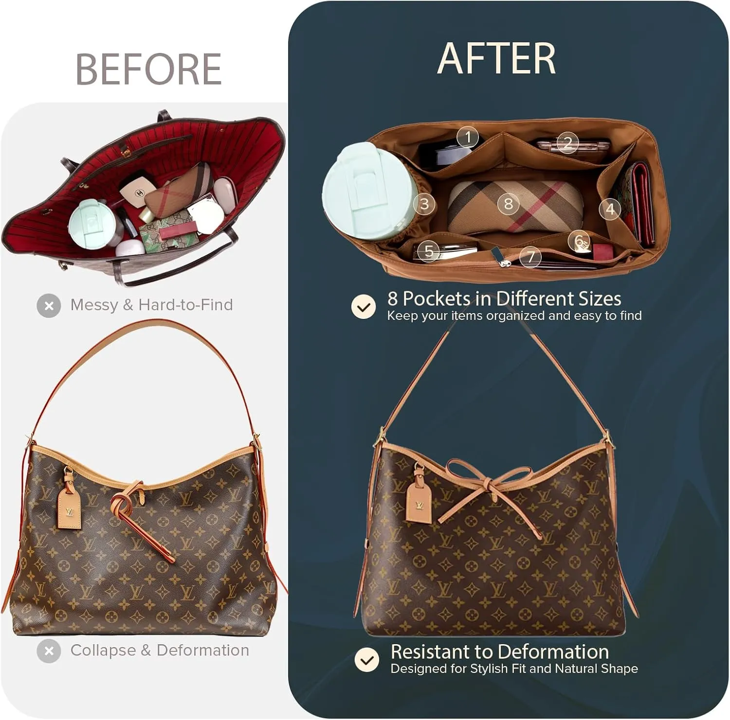 Purse Insert Organizer Water-Repellent Nylon with Zippered Pockets & Base Shaper for Carry-All Tote Bag(Brown, SL)