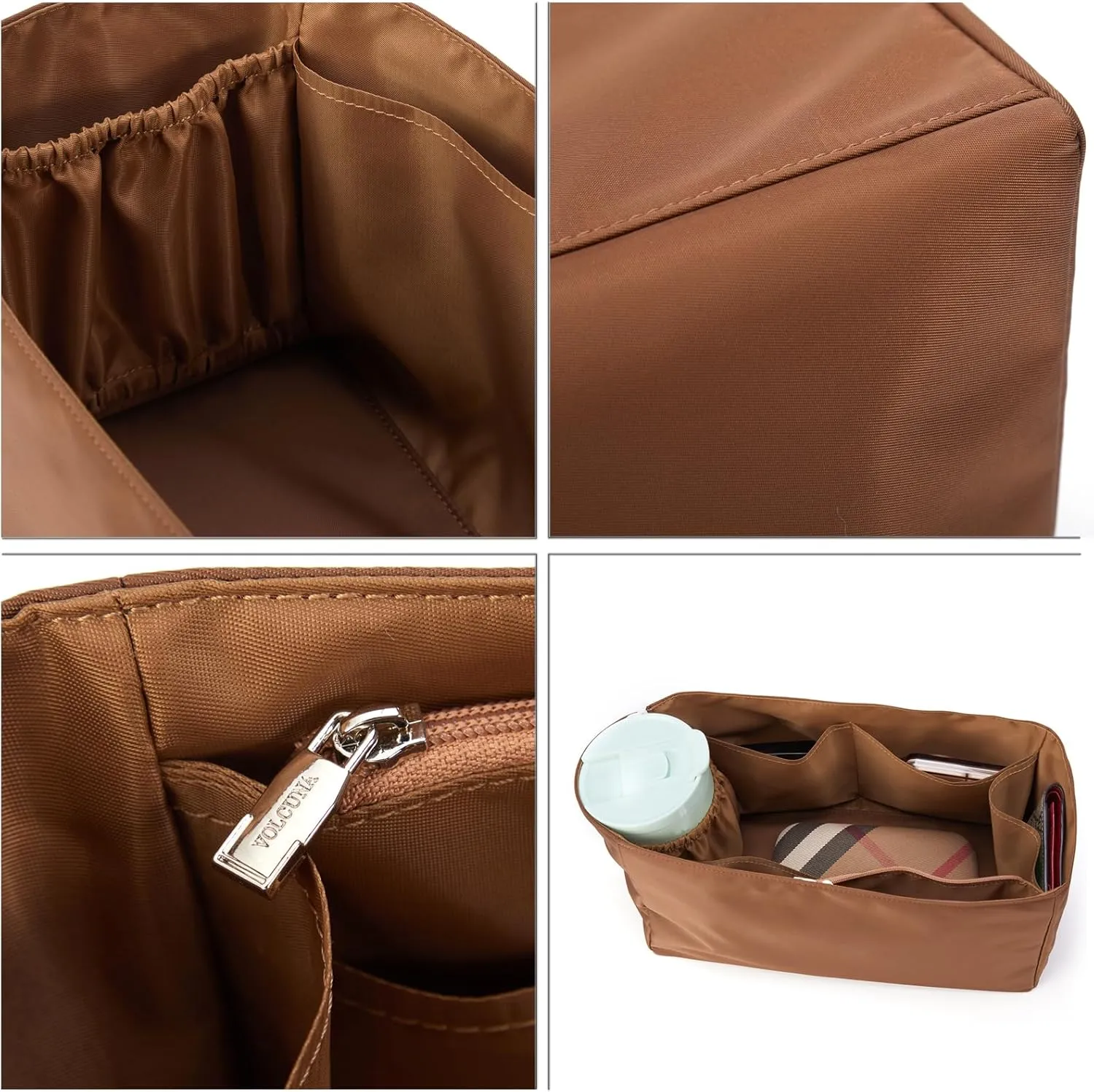Purse Insert Organizer Water-Repellent Nylon with Zippered Pockets & Base Shaper for Carry-All Tote Bag(Brown, SL)