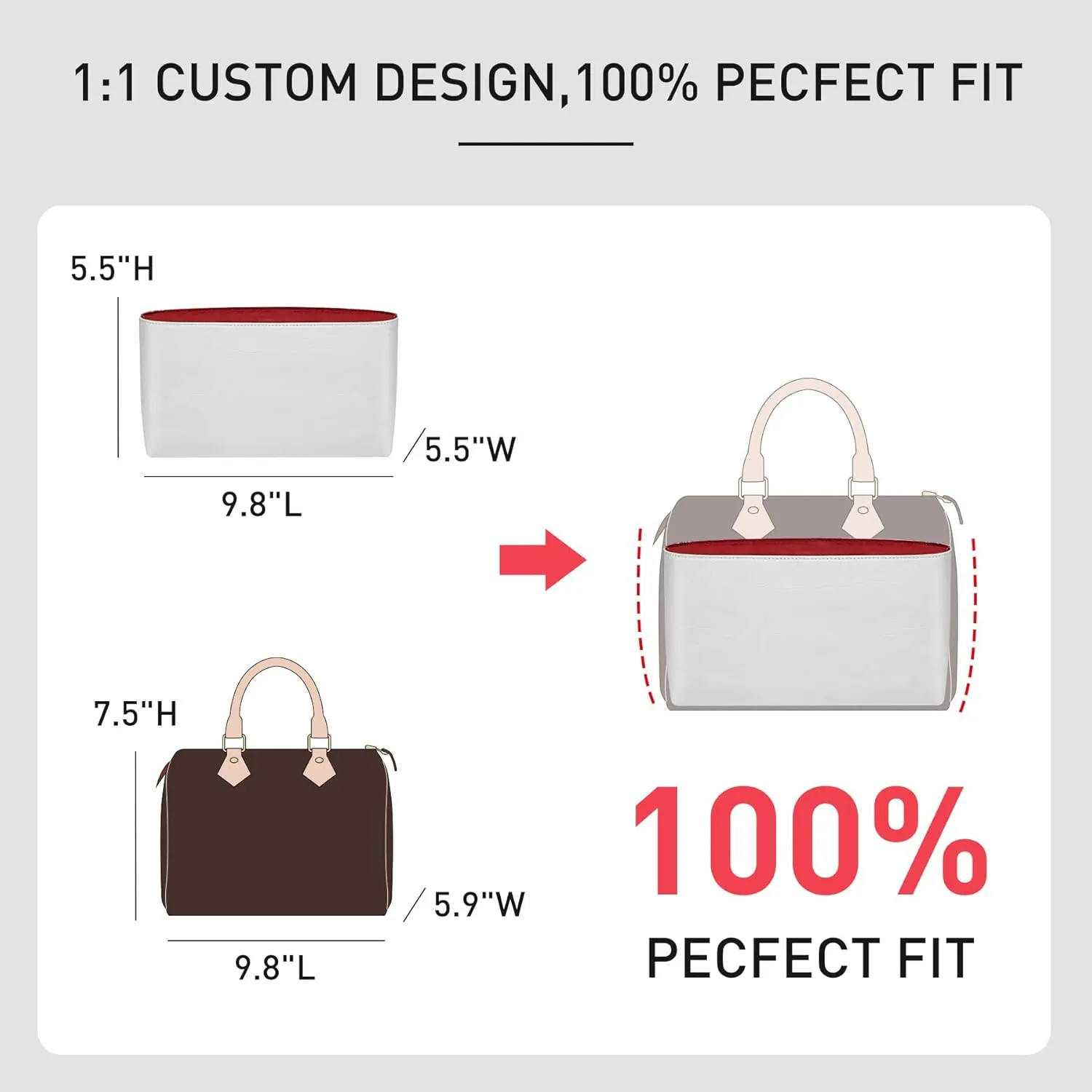 Purse Organizer Insert Compatible with lv Speedy 30/Monogram Bags and More, Light Waterproof DupontPaper Bag Insert Shaper Protector for Women Tote Handbags, 11 Pockets with Zip(White&Red, L)