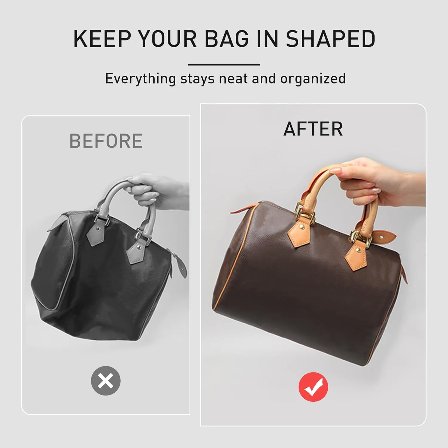 Purse Organizer Insert Compatible with lv Speedy 30/Monogram Bags and More, Light Waterproof DupontPaper Bag Insert Shaper Protector for Women Tote Handbags, 11 Pockets with Zip(White&Red, L)