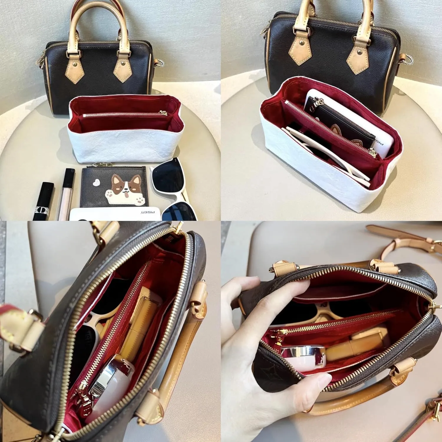 Purse Organizer Insert Compatible with lv Speedy 30/Monogram Bags and More, Light Waterproof DupontPaper Bag Insert Shaper Protector for Women Tote Handbags, 11 Pockets with Zip(White&Red, L)