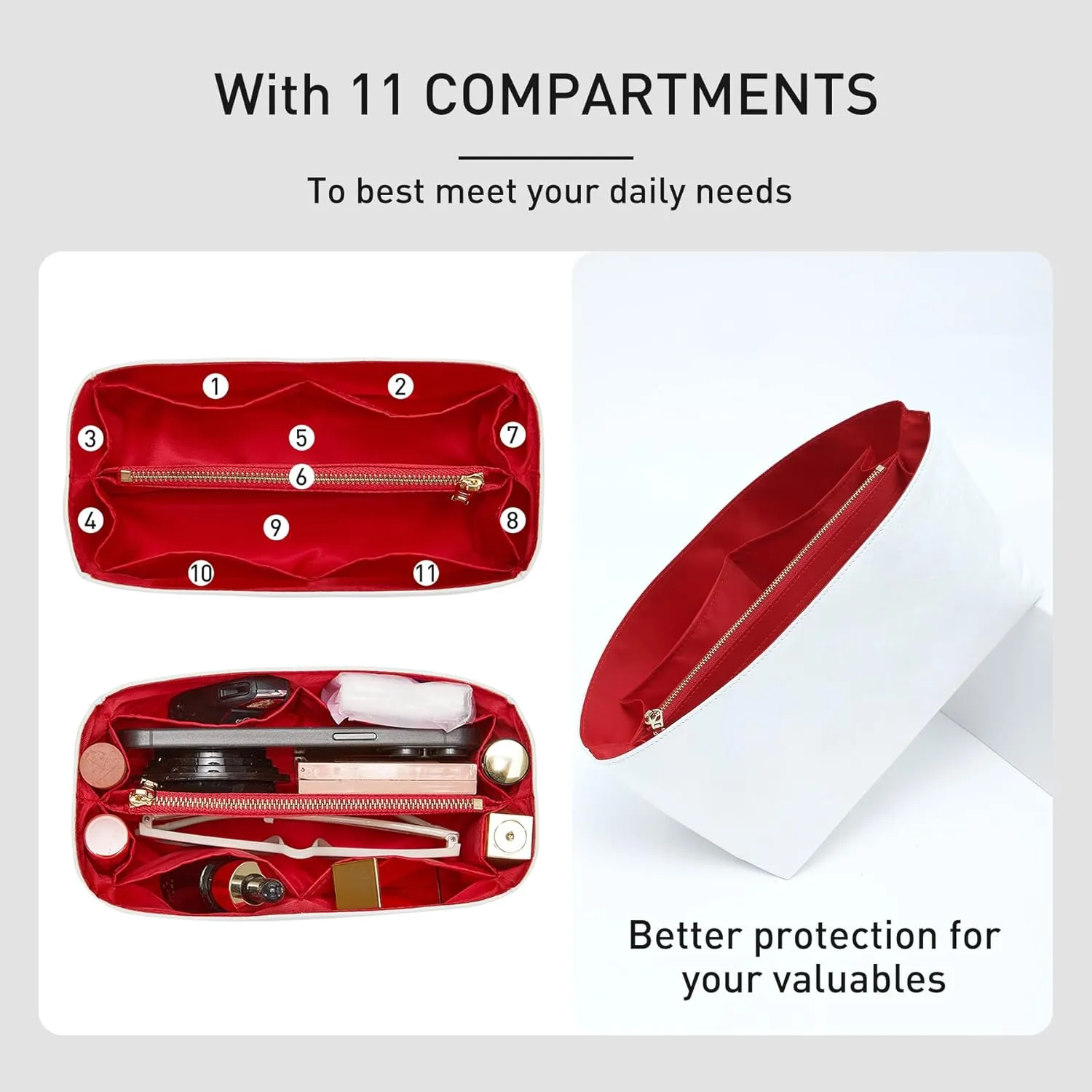 Purse Organizer Insert Compatible with lv Speedy 30/Monogram Bags and More, Light Waterproof DupontPaper Bag Insert Shaper Protector for Women Tote Handbags, 11 Pockets with Zip(White&Red, L)