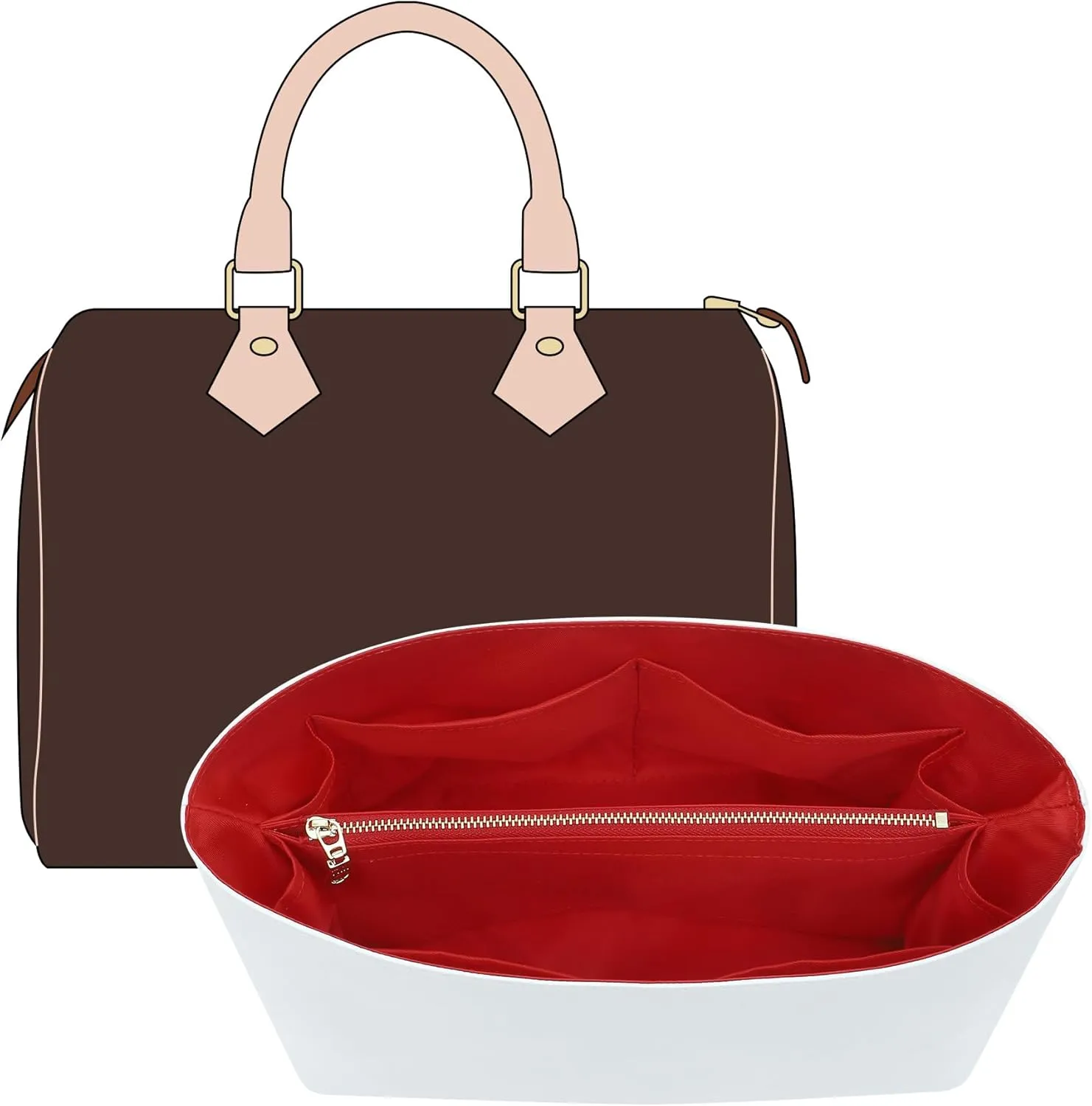 Purse Organizer Insert Compatible with lv Speedy 30/Monogram Bags and More, Light Waterproof DupontPaper Bag Insert Shaper Protector for Women Tote Handbags, 11 Pockets with Zip(White&Red, L)