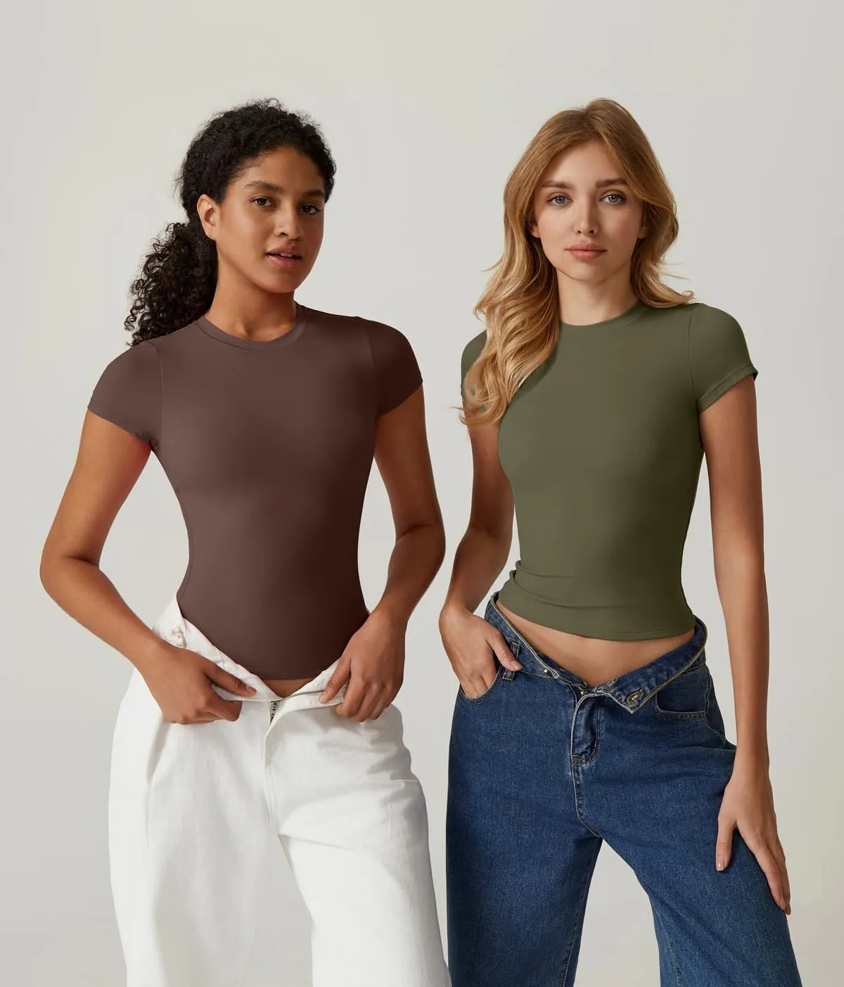 QINSEN Women's Crew Neck Short Sleeve Double-Layer Tops Basic Slim Fit Going Out T Shirt