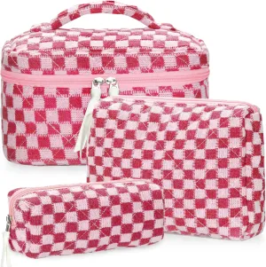 Quilted Makeup Bag Set, 3Pcs Large Checkered Corduroy Cosmetic Bags, Cute Coquette Makeup Bag Toiletry Zipper Pouch Bag for Women and Girls Checkered