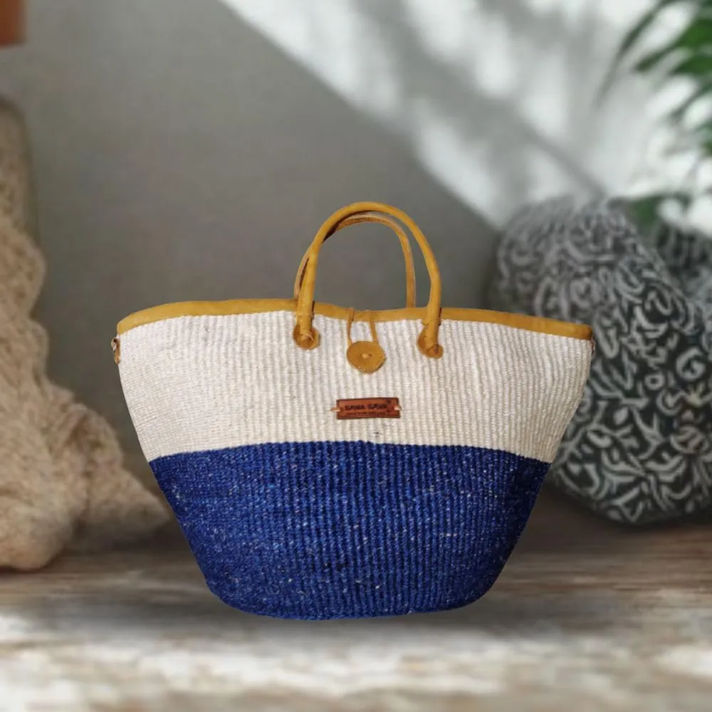 Rain and Peace Nourishment Handwoven Economical Sisal Straw Basket Tote Bag, Market Grocery Shopping Bags with Leather Strap Handles and Button Closure, Summer Beach Basket Handbag, Large Straw Shoulder Purse for Women