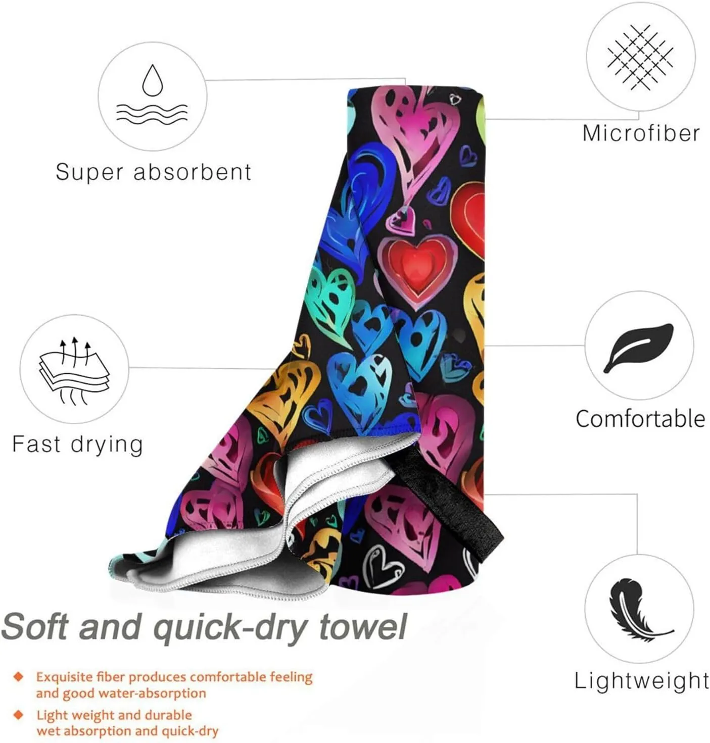 Rainbow Hearts Premium Compact Microfiber Travel Towel-Featherlight & Quick Dry,Sand-Resistant Beach Towel for Swimming,Camping,Vacation Essentials with Carry Pouch