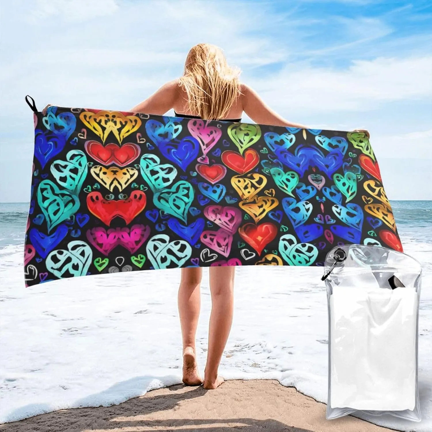 Rainbow Hearts Premium Compact Microfiber Travel Towel-Featherlight & Quick Dry,Sand-Resistant Beach Towel for Swimming,Camping,Vacation Essentials with Carry Pouch