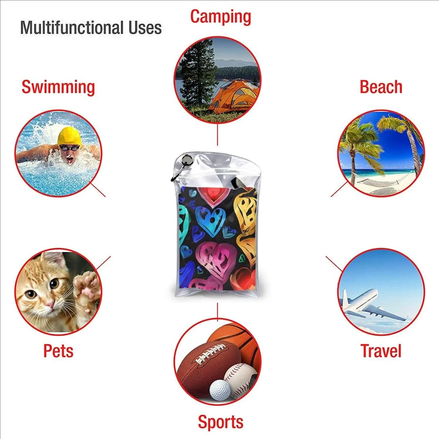 Rainbow Hearts Premium Compact Microfiber Travel Towel-Featherlight & Quick Dry,Sand-Resistant Beach Towel for Swimming,Camping,Vacation Essentials with Carry Pouch