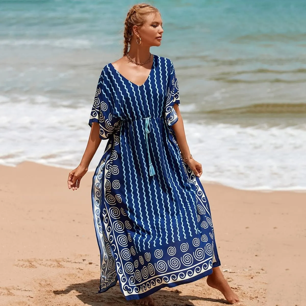 RanRui Kaftan Dresses for Women – Wave Neck Floral Plus Size Caftans Muumuu Dresses