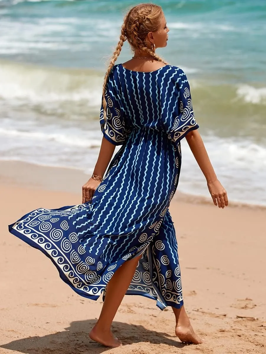 RanRui Kaftan Dresses for Women – Wave Neck Floral Plus Size Caftans Muumuu Dresses