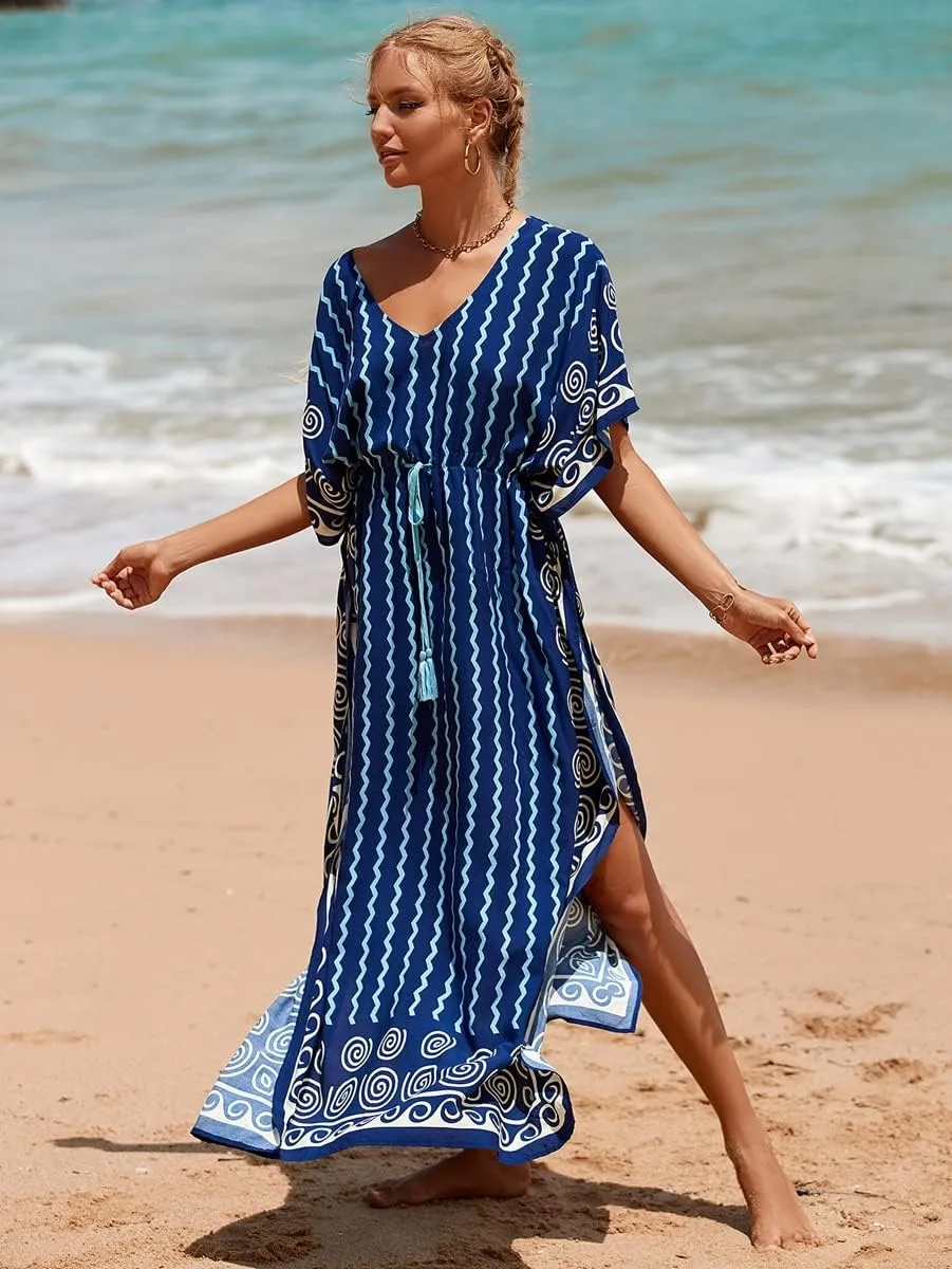 RanRui Kaftan Dresses for Women – Wave Neck Floral Plus Size Caftans Muumuu Dresses