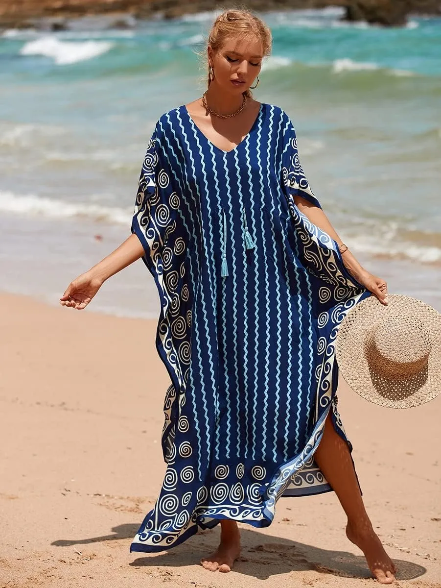 RanRui Kaftan Dresses for Women – Wave Neck Floral Plus Size Caftans Muumuu Dresses