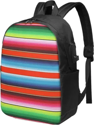 Red Green Blue Mexican Serape Stripes Laptop Backpacks Travel Backpack Casual Business Daypack Sport Rucksack Computer Bag Fits up to 17 Inch Notebook with USB Port