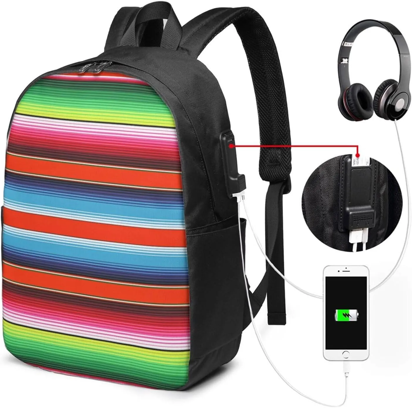 Red Green Blue Mexican Serape Stripes Laptop Backpacks Travel Backpack Casual Business Daypack Sport Rucksack Computer Bag Fits up to 17 Inch Notebook with USB Port