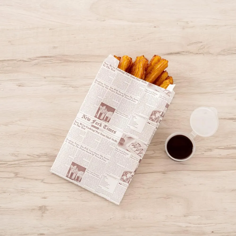 Restaurantware Bag Tek 4.9 x 3 x 8.7 Inch Snack Bags 100 Greaseproof French Fry Bags - Durable Microwavable Sepia Newsprint Paper Treat Bags Freezable With Pinch Bottom And Side Gussets