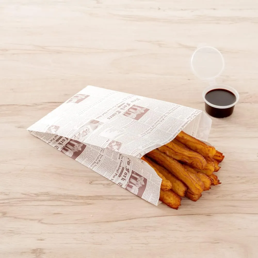Restaurantware Bag Tek 4.9 x 3 x 8.7 Inch Snack Bags 100 Greaseproof French Fry Bags - Durable Microwavable Sepia Newsprint Paper Treat Bags Freezable With Pinch Bottom And Side Gussets