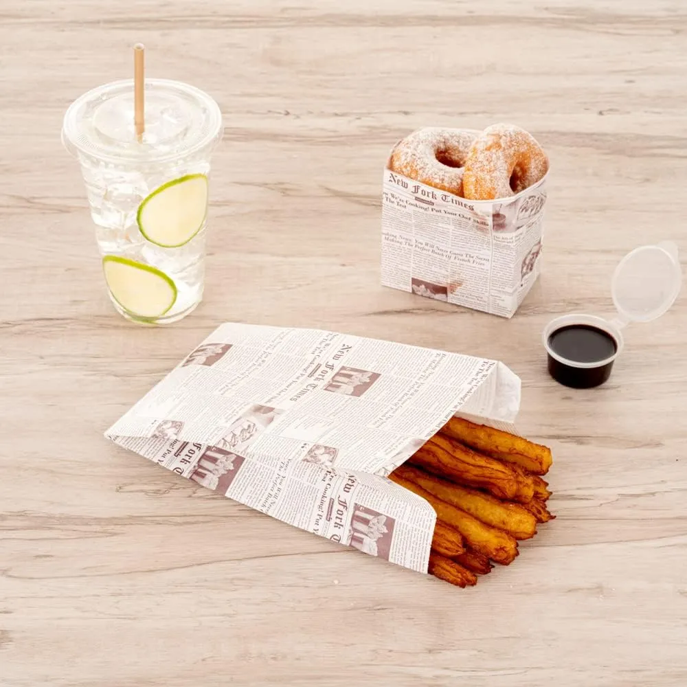 Restaurantware Bag Tek 4.9 x 3 x 8.7 Inch Snack Bags 100 Greaseproof French Fry Bags - Durable Microwavable Sepia Newsprint Paper Treat Bags Freezable With Pinch Bottom And Side Gussets