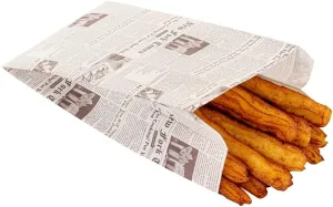 Restaurantware Bag Tek 4.9 x 3 x 8.7 Inch Snack Bags 100 Greaseproof French Fry Bags - Durable Microwavable Sepia Newsprint Paper Treat Bags Freezable With Pinch Bottom And Side Gussets
