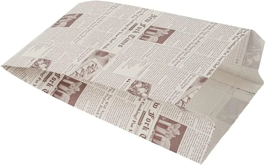 Restaurantware Bag Tek 4.9 x 3 x 8.7 Inch Snack Bags 100 Greaseproof French Fry Bags - Durable Microwavable Sepia Newsprint Paper Treat Bags Freezable With Pinch Bottom And Side Gussets