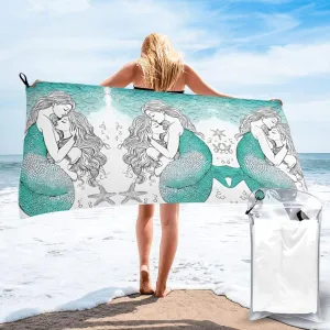 Retro Mermaid Premium Compact Microfiber Travel Towel-Featherlight & Quick Dry,Sand-Resistant Beach Towel for Swimming,Camping,Vacation Essentials with Carry Pouch