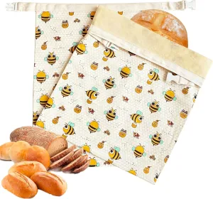 Reusable Beeswax Bread Bags (2 Pack) - Cotton Beeswax Bags for Homemade Bread Storage - Cute Bee Print Design Freezer Storage Bag to Keep Fresh