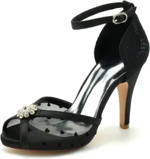 Rhinestones Wedding for Shoes Bride Open Toe Formal Party Dress Shoes Adjustable Strap Women's Heeled Sandals Ballerinas