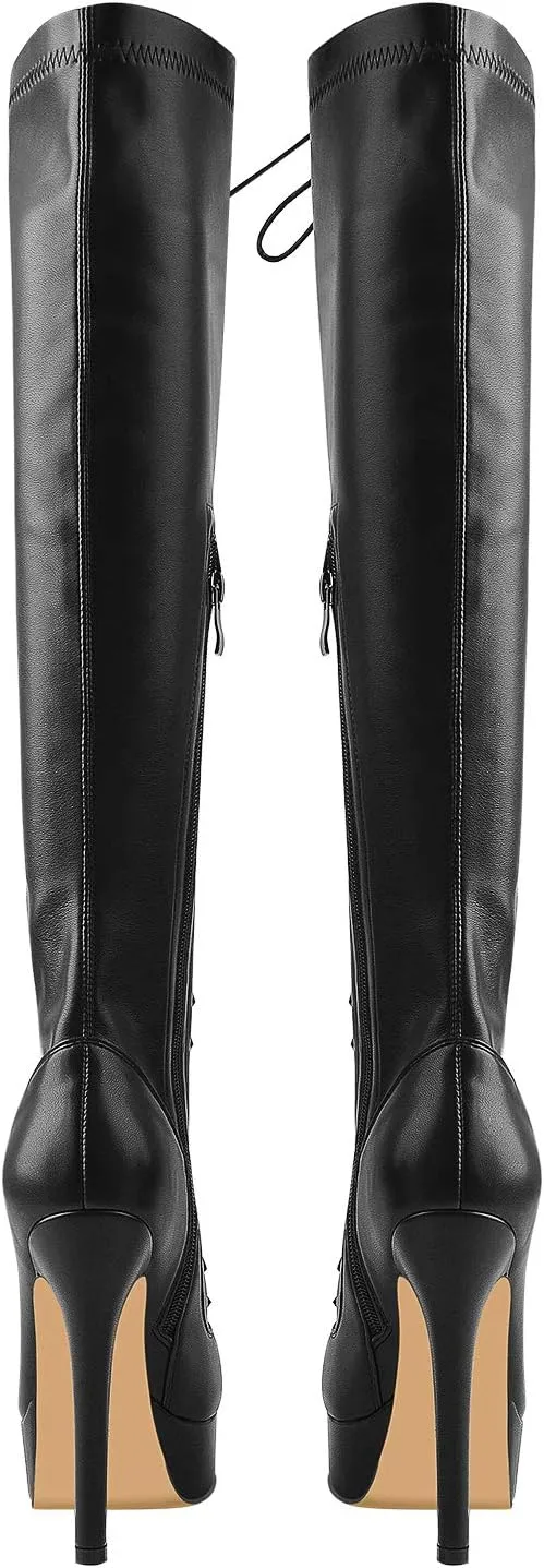 richealnini Women's Lace Up Knee High Boots with Stilettos