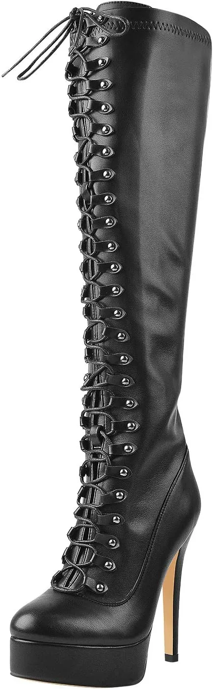 richealnini Women's Lace Up Knee High Boots with Stilettos