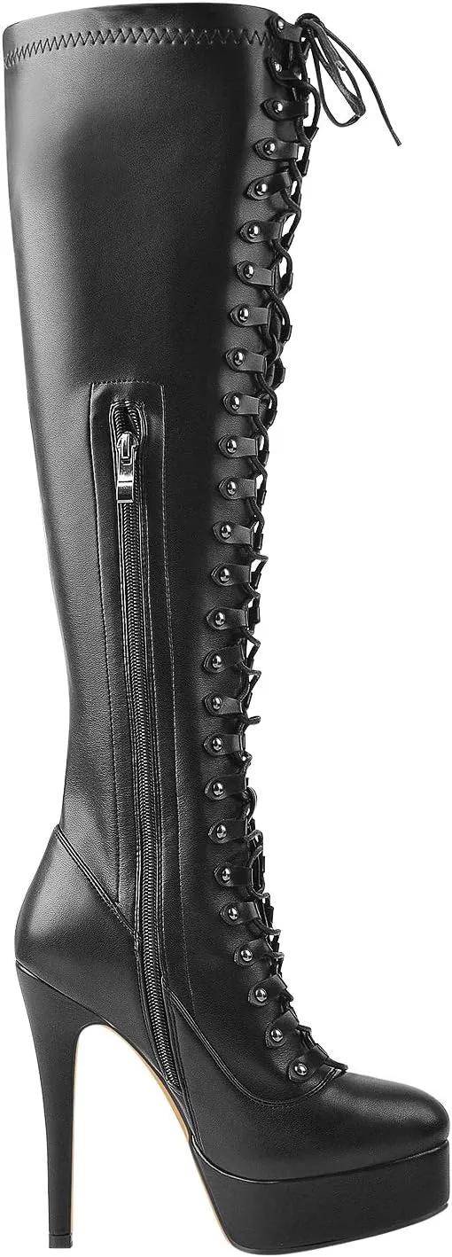 richealnini Women's Lace Up Knee High Boots with Stilettos