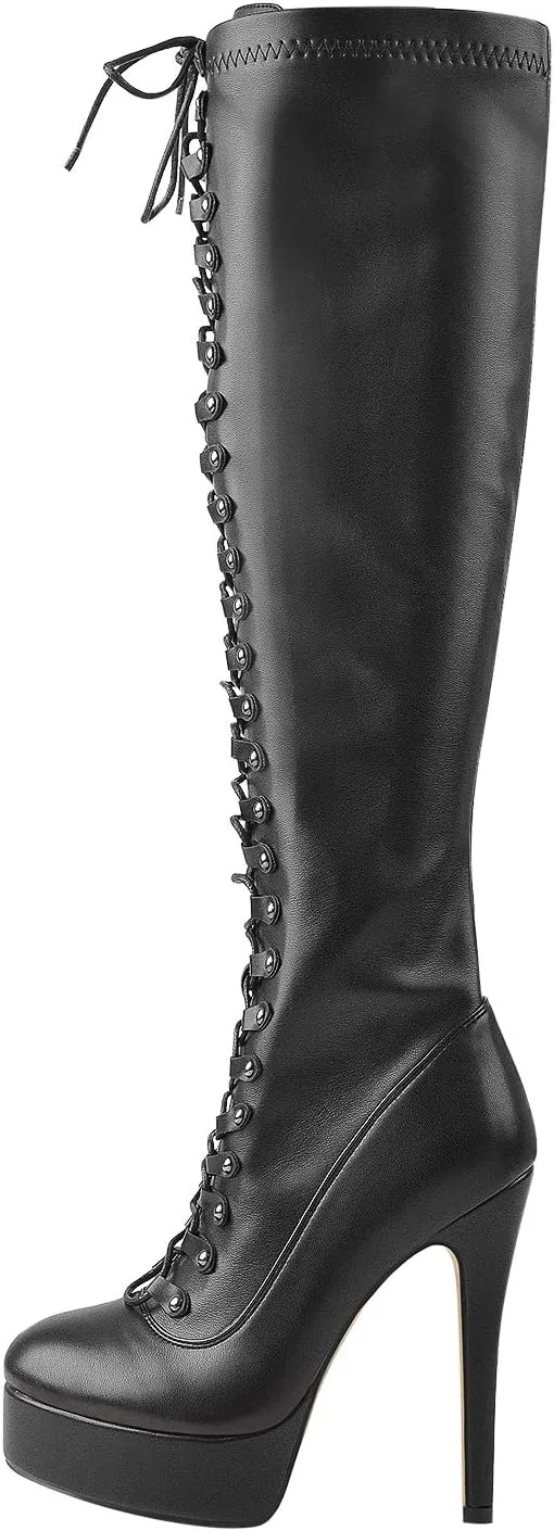 richealnini Women's Lace Up Knee High Boots with Stilettos