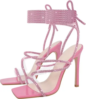 richealnini Women's Sparkly Clear Lace Up Ankle Strap High Heel Sandals