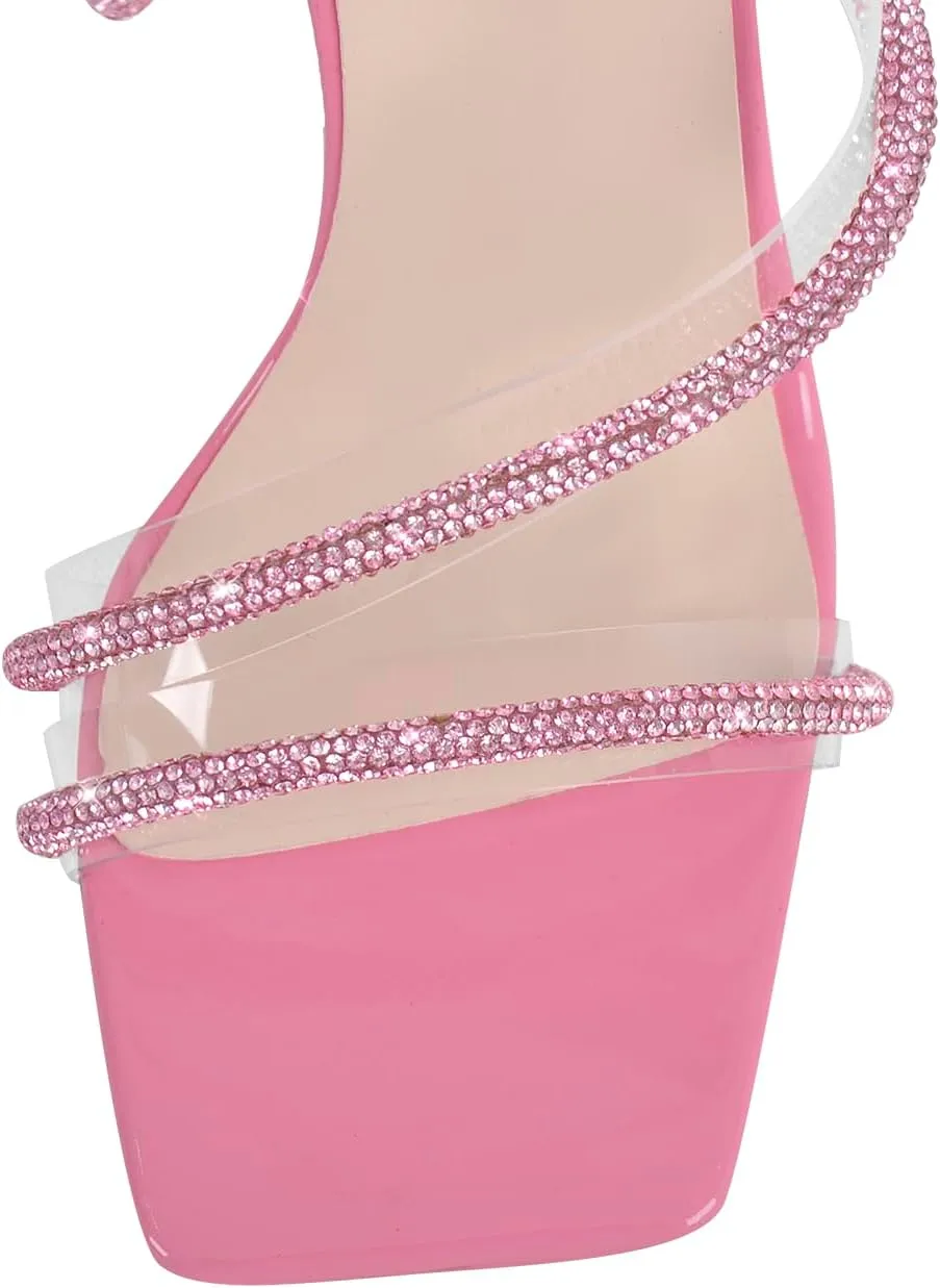 richealnini Women's Sparkly Clear Lace Up Ankle Strap High Heel Sandals
