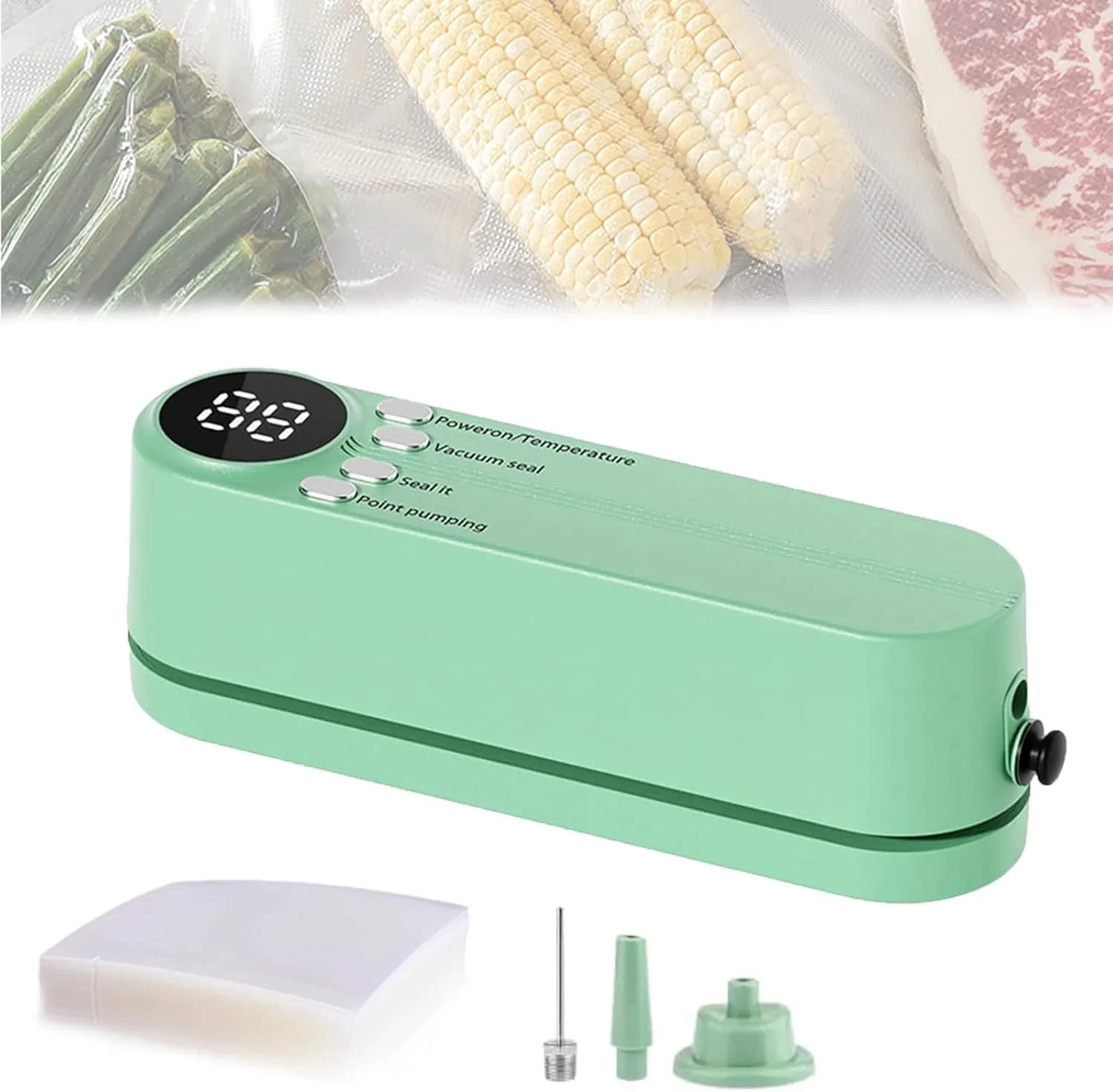 Rightfavour Mini Vacuum Sealer Wireless Portable with 5 Vacuum Bags, 2025 New Rechargeable Vacuum Sealer Machine, Digital Display Food Preservation for Dry/Moist Food Storage (Green)