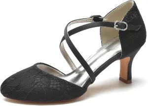 Roimaash Vintage Flower Satin Wedding Pumps Round Toe Criss Cross